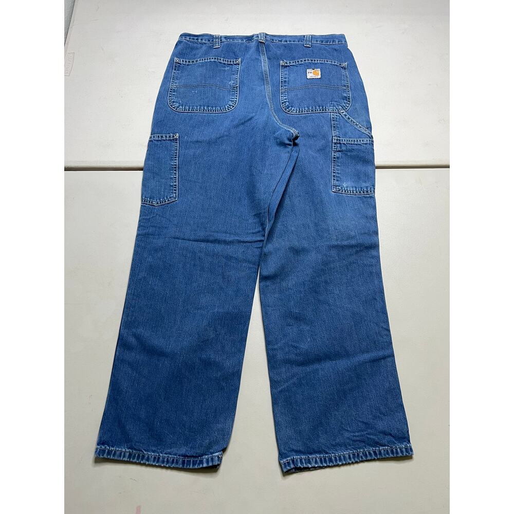 Carhartt FR Jeans Mens 36x30 Blue Denim Carpenter Utility distress Actual 34x28 - Picture 3 of 10